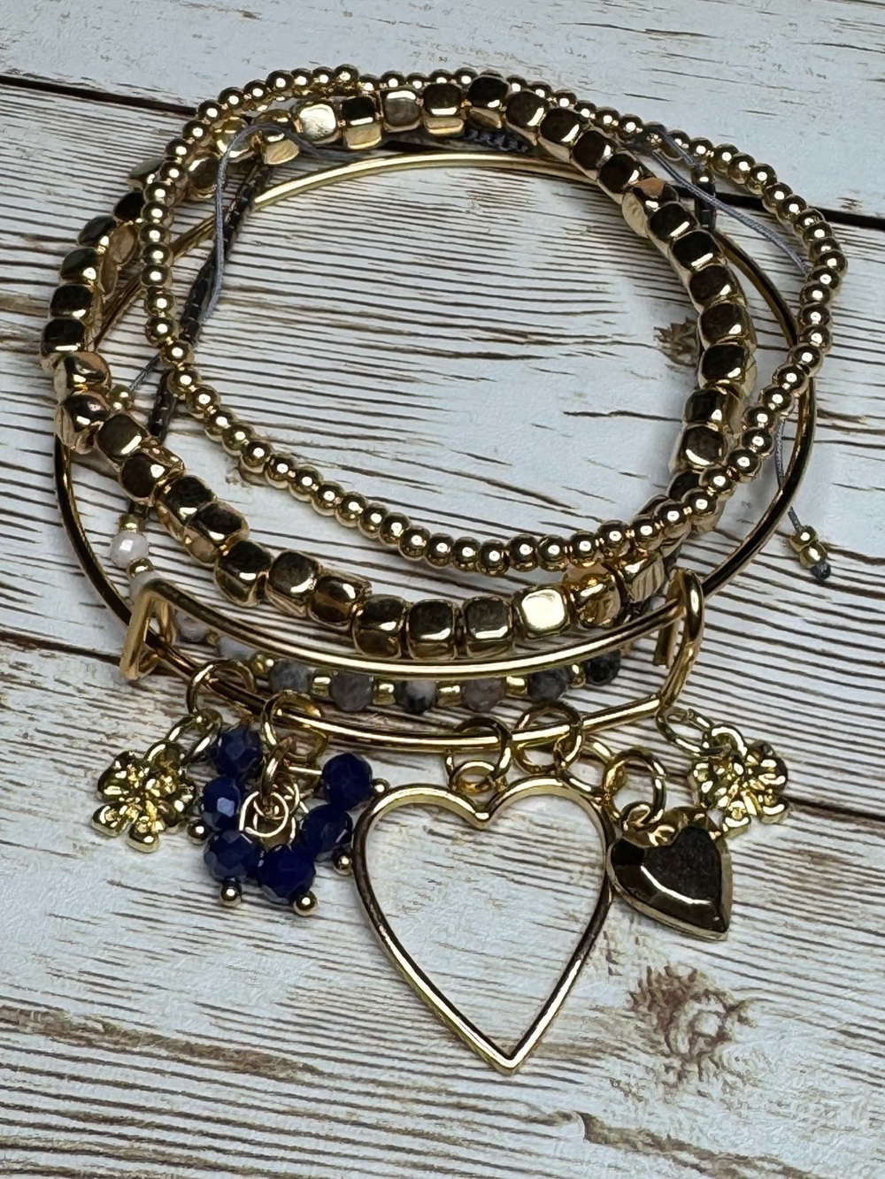 Gold Tone Heart Charm Layered Bracelet Set - Women Jewelry